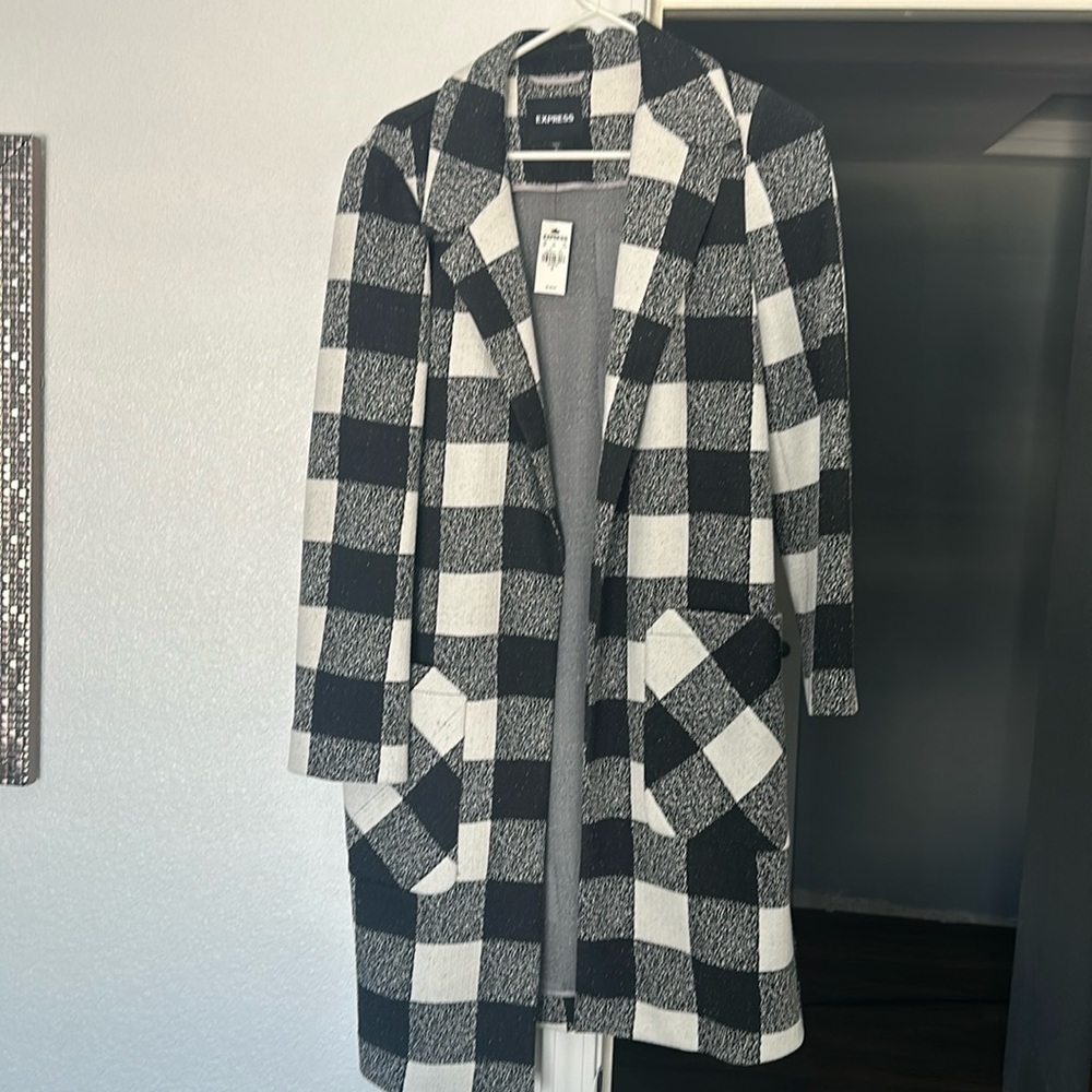 I express NWT size small buffalo check long cardigan/pea coat